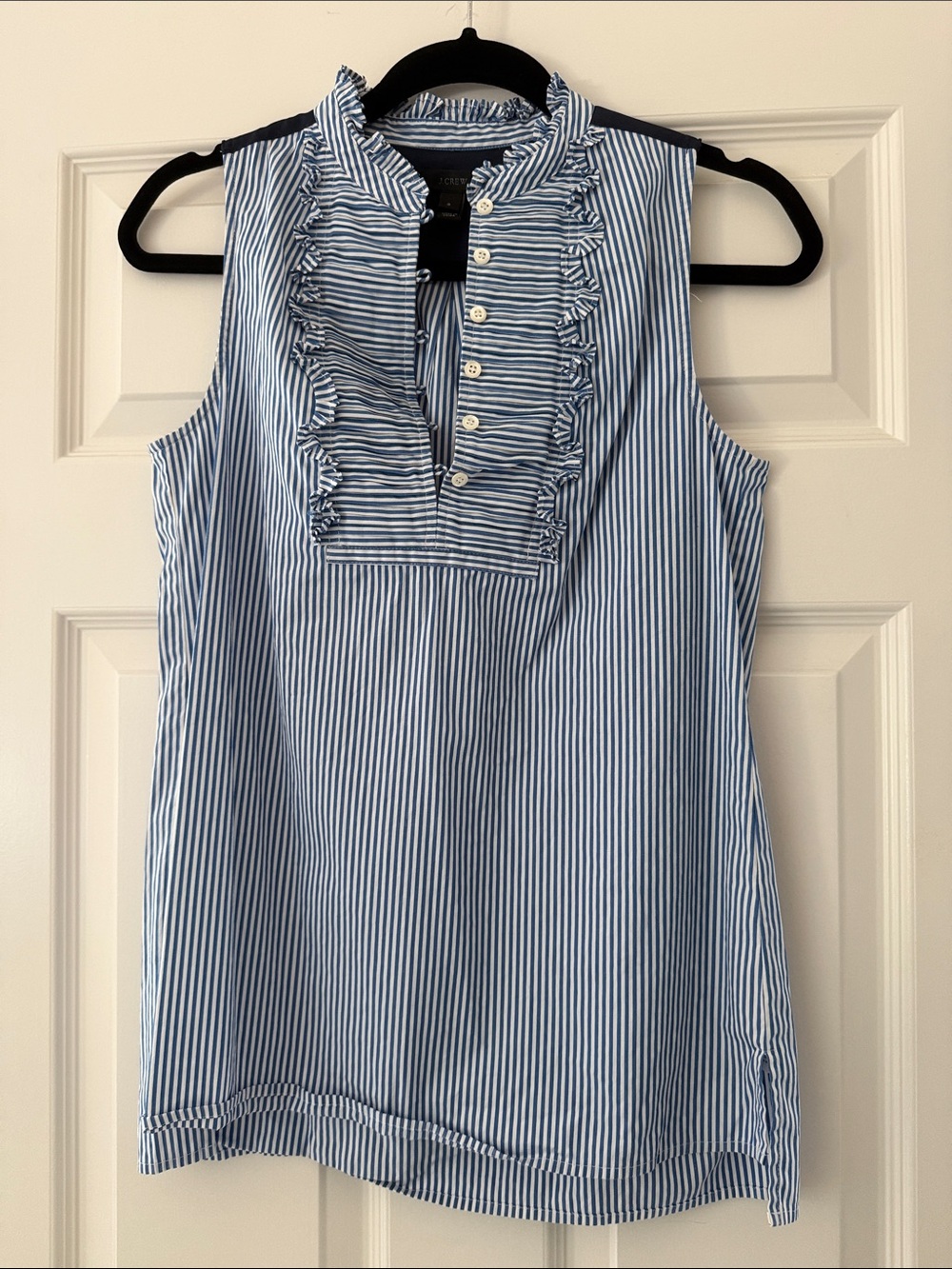 J. Crew Blue and White Striped Ruffle-Front Sleeveless Camisole